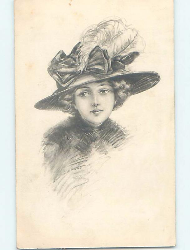 Pre-Linen art nouveau PRETTY GIRL WEARING FEATHER IN HER HAT HL4645