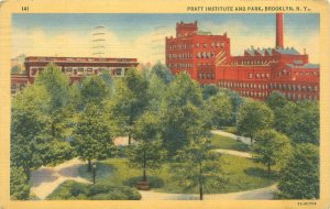 Brooklyn NY Pratt Institute & Park 1945  Linen Postcard Used