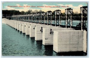 1913 Government Dam On Rock River Between Sterling & Rock Falls View IL Postcard