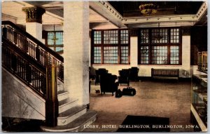 Lobby Hotel Burlington Iowa IA Staircase Chairs Chandelier Design Postcard