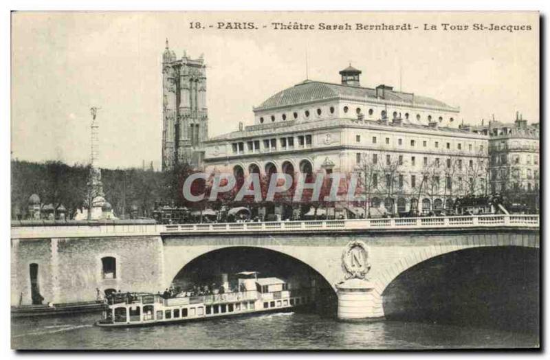 Paris - 4 - Theater Sarah Bernhardt and Tour St Jacques - Old Postcard