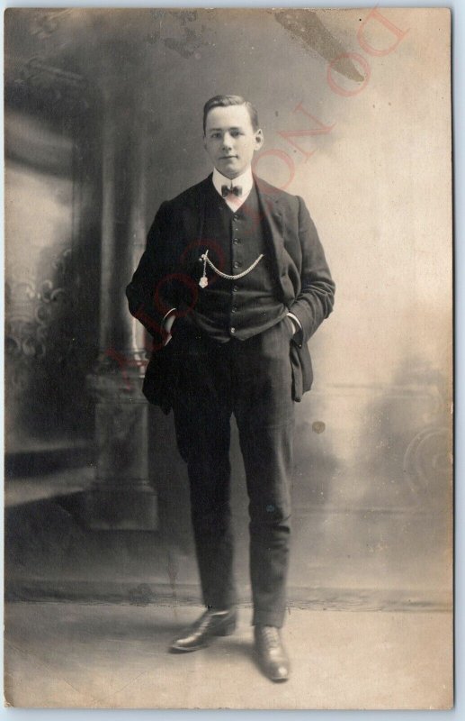 c1910s Harrogate, England RPPC Handsome Young Man Real Photo PC TA Cornall A123