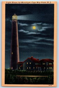 c1940 Cape May Point New Jersey NJ Vintage Postcard Light House Moonlight Night