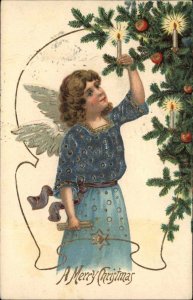 Christmas Little Girl Angel Candles Christmas Tree c1910 Vintage Postcard