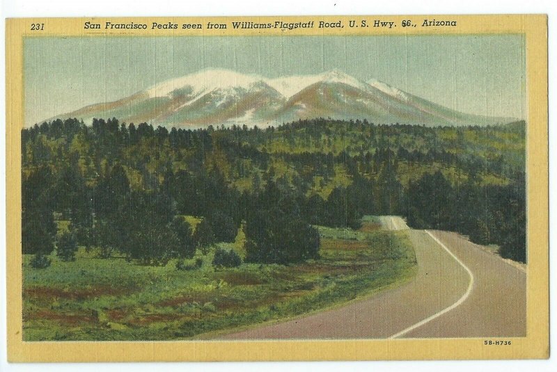 SF Peaks Seen From Williams-Flagstaff Cureteich Co. U.S. Hwy 66 Postcard VPC1.