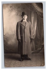 Vintage 1910's RPPC Postcard - Studio Portrait Man in Nice Overcoat and Derby