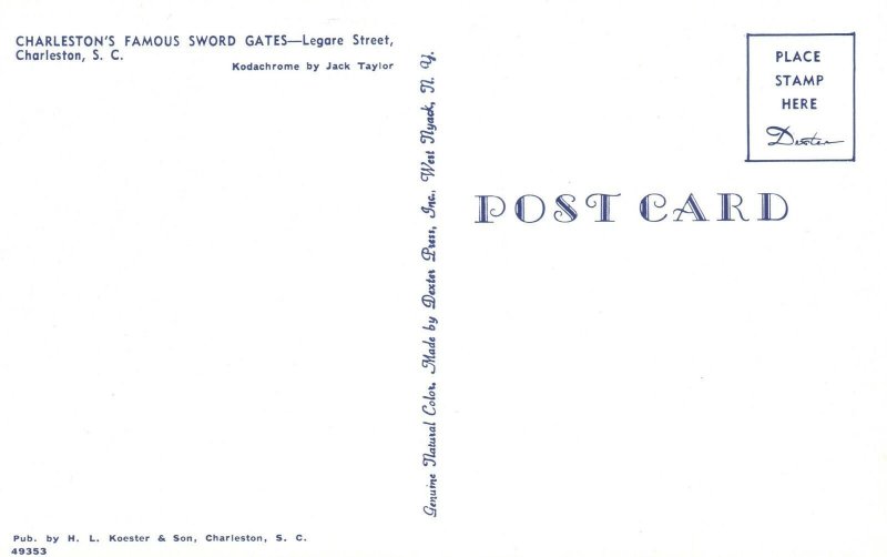 Vintage Postcard Famous Sword Gates Legare Street Charleston South Carolina SC