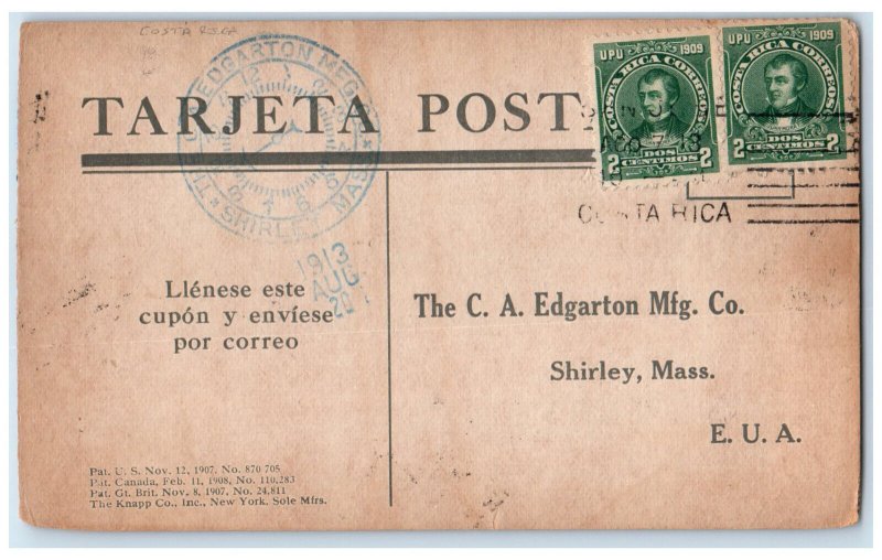 1913 The CA Edgarton Manufacturing CO. MA Adoch & Bros Costa Rica Postal Card