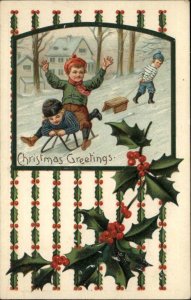 Christmas Little Boys Sledding Holly Border c1910 Vintage Postcard