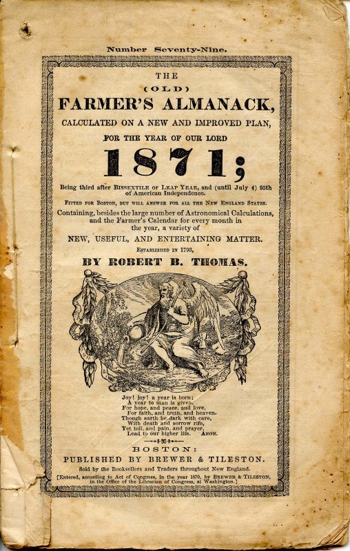 The Old Farmers' Almanac (Robert B Thomas)-1871 (8 X 5.125)48pp, stringbound