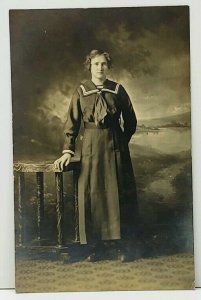 RPPC Young Woman Victorian Era In Sailor Nautical Style Dress Postcard C9