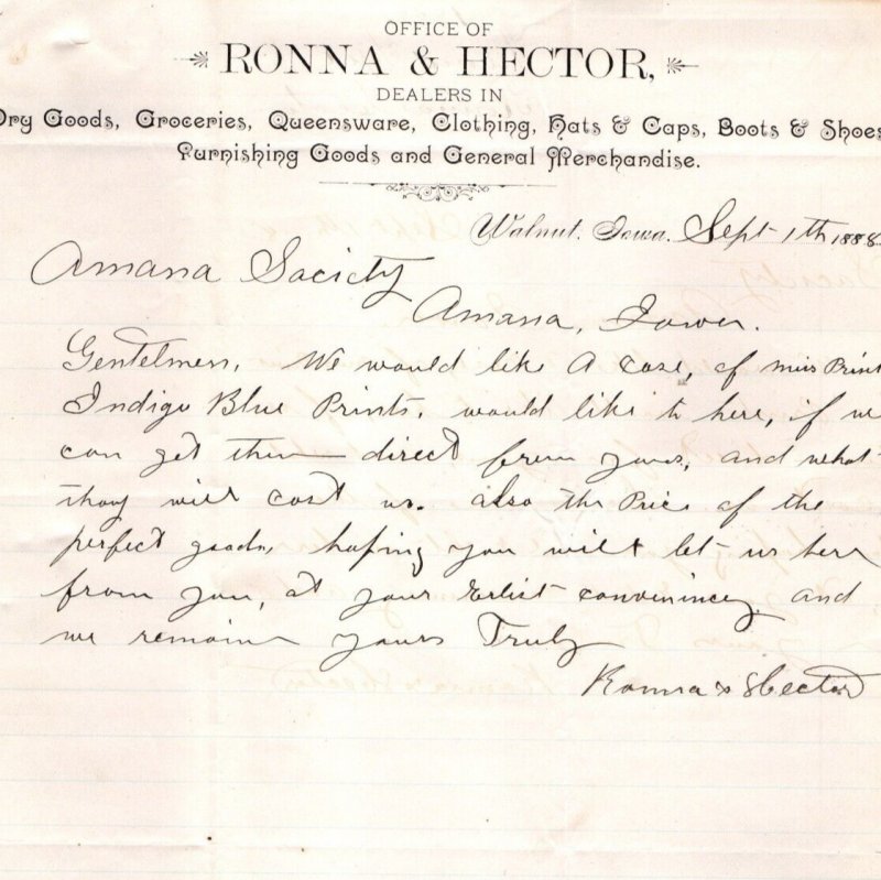 1888 Walnut, Iowa Ronna & Hector Dry Goods Clothing Memo Letterhead Amana IA R2