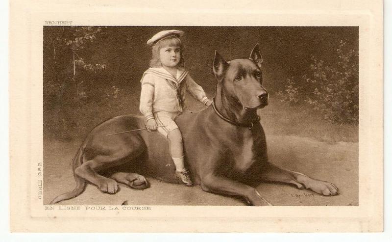 \Little Boy riding his Dog\ Beautiful Postcard, Reichert