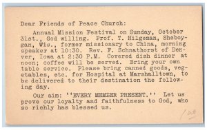 Dysart Marshalltown Iowa IA Postal Card Annual Mission Festival Letter c1930's