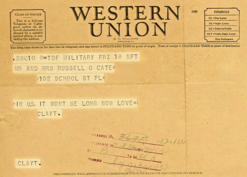 Vintage 1940s Western Union Telegram Soldier returning from WW2.     Y7