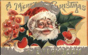 CHRISTMAS Santa Claus w Holly Berry Border EMBOSSED c1910 Postcard