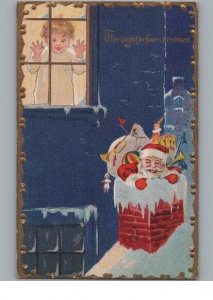 Santa Night Before Christmas Fireplace Toy Embossed Postcard 1910-