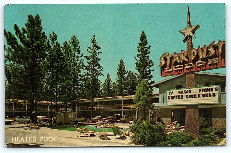 Postcard CA Stateline Stardust Lodges Motel Near Lake Tahoe 1950's Old Cars