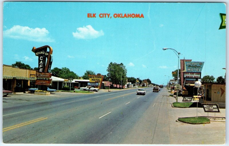 c1960s Elk City, OK Downtown Main St Chrome Photo Postcard US Hwy 66 Okla A89