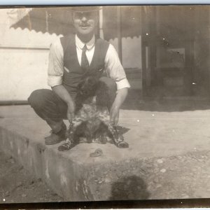 c1910s Dapper Man & Puppy Dog RPPC Store Front Downtown Concrete Real Photo A128