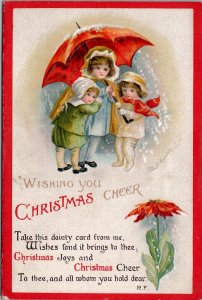 Christmas Ellen Clapsaddle Children Seek Shelter From Snow Umbrella Postcard X13