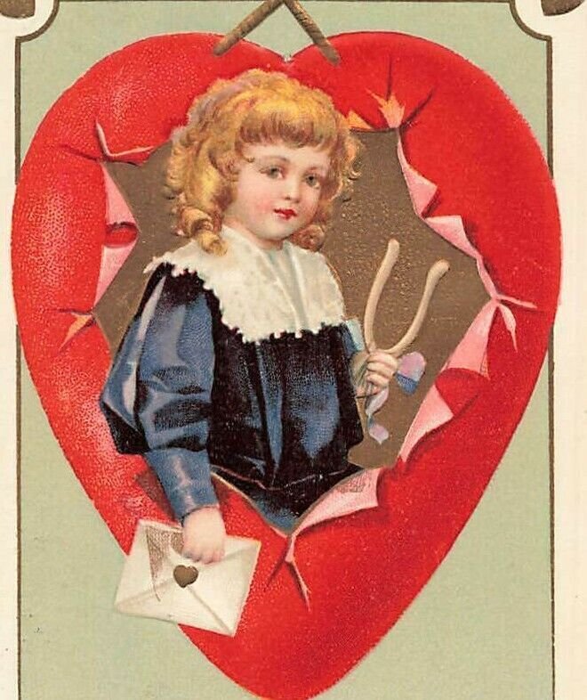 c1910 Fab Child Wishbone Gold Heart Embossed Germany Valentines Day P375 