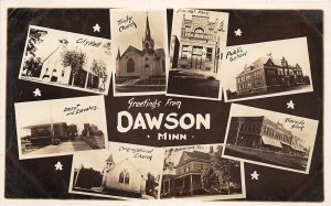 J17/ Dawson Minnesota RPPC Postcard 8View Church Bank Railroad Depot25