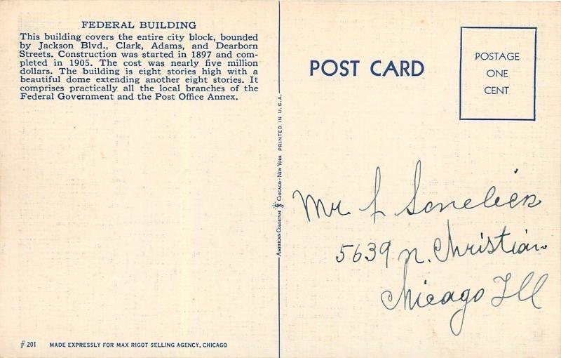 Chicago Illinois~Federal Building~1940s Postcard