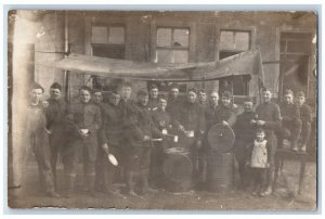 c1910's English Soldiers Standing In Chow Line Food WWI RPPC Photo Postcard