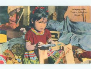 Linen NATIVE INDIAN GIRL STRINGING BEADS AT TROPICAL HOBBY LAND Miami FL E9299