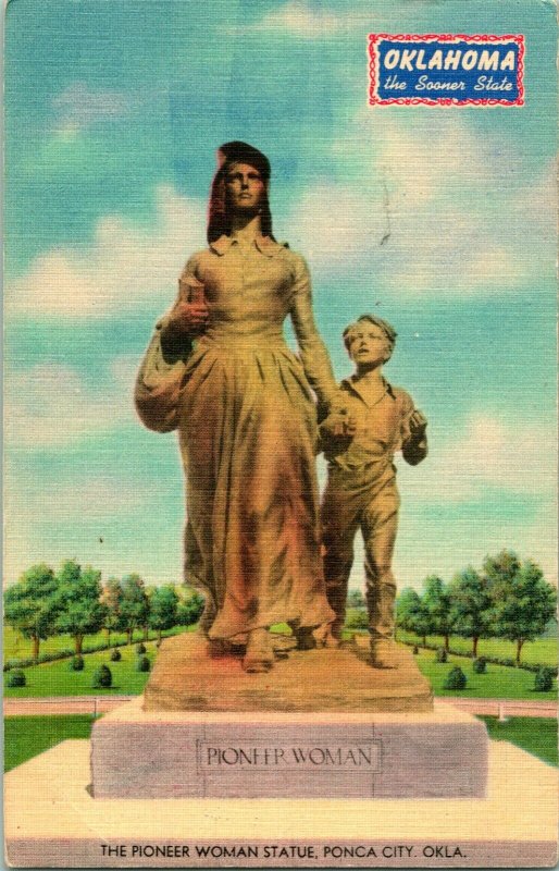 Pioneer Woman Statue - Ponca City Oklahoma - Unused Linen Postcard - P8