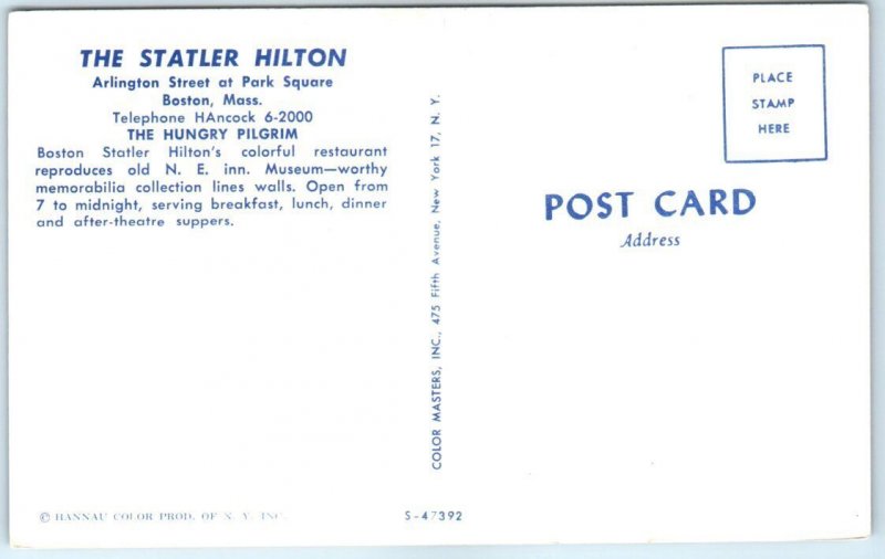 Postcard - The Hungry Pilgrim, The Statler Hilton - Boston, Massachusetts