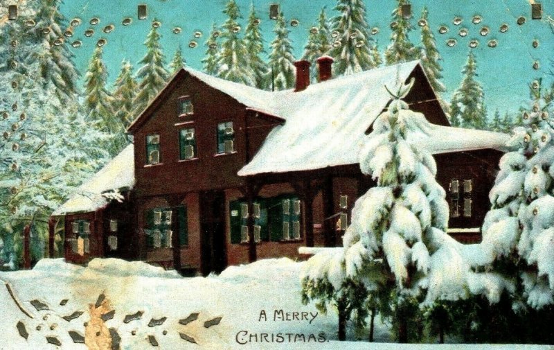 c1900s Layered Photo Merry Christmas Girl Postcard House Unposted Germany A195