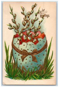 1907 Easter Greetings Hatched Egg Ribbon Flowers Embossed Antique Postcard