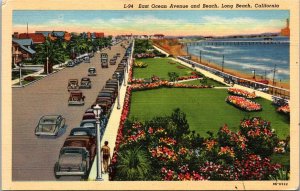 Long Beach-Ca-California Vtg Linen Postcard~East Ocean Ave & Beach~1943~KB18