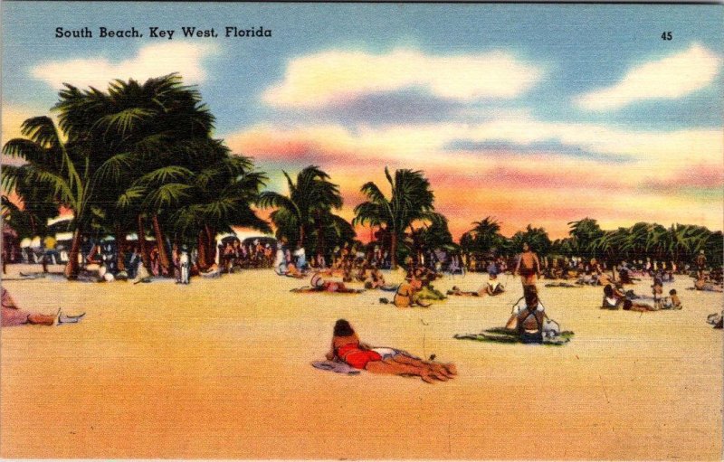 Key West, FL Florida  SOUTH BEACH SCENE  Sunbathers  ca1940's Tichnor Postcard