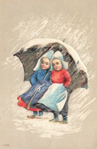 A Happy New Year Two Young Girls Sharing An Umbrella Embossed Postcard