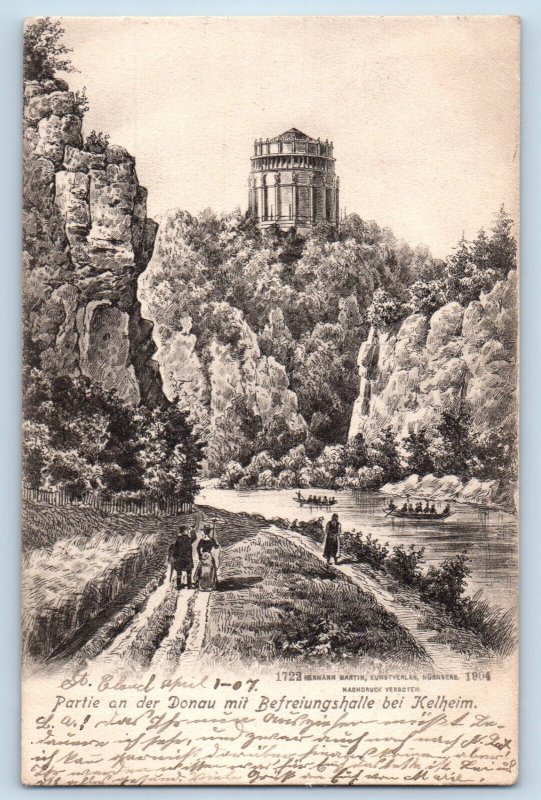 Bavaria Germany Postcard Part on the Danube Hall Near Kelheim 1907 Posted