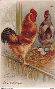 EASTER, 1900-10s; Greetings, Rooster , Hen & Decorated Eggs