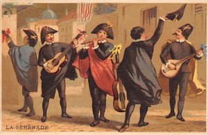 Approx. Size: 2.5 x 3.75 La serenade Men playing instruments Late 1800's Trad...