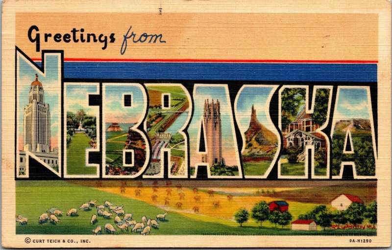 Vtg Nebraska NE Large Letter Greeting from 1940s Linen Postcard