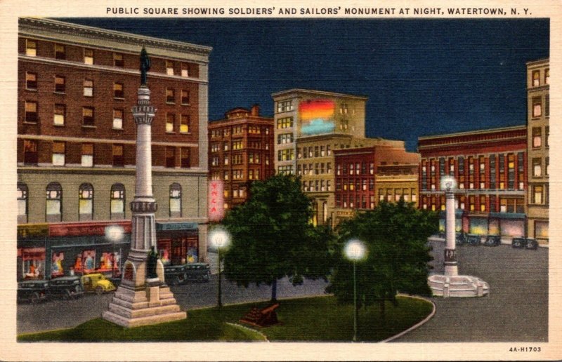 New York Watertown Public Square Showing Soldiers and Sailors Monument At Nig...
