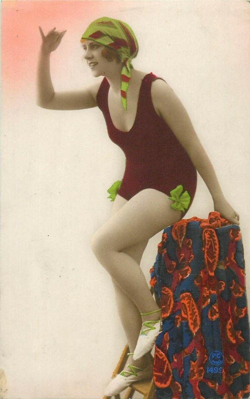 Pinup bathing suit lovely woman tinted postcard circa 1926