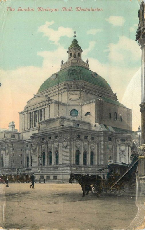 Postcard British England London wesleyan hall westminster square cart tower view