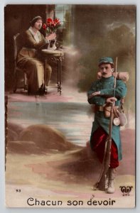 French Soldier Thinks of His Love At Home Pretty Woman Tinted RPPC Postcard I9