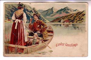 Alpine Woman Rowing Man with Pipe, Easter Greetings, Used 1911 NovaScotia