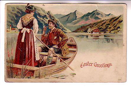 Alpine Woman Rowing Man with Pipe, Easter Greetings, Used 1911 NovaScotia