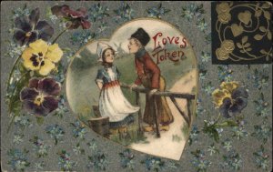 Winsch Valentine Dutch Children Real Silk Heart c1910 Vintage Postcard