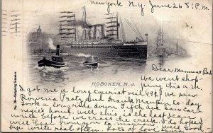 1906 NEW YORK OUTGOING OCEAN STEAMER TUGBOATS CITYSCAPE LITHO POSTCARD 29-106