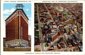 Aerial View of Downtown Indianapolis IN, Hotel Lincoln Vintage Postcard P70